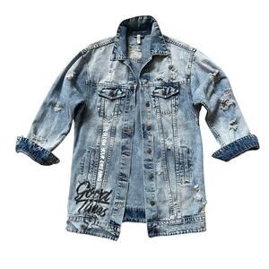 American Bazi Oversized Denim Jacket S | Graffiti Text, Distressed, Longline Fit
